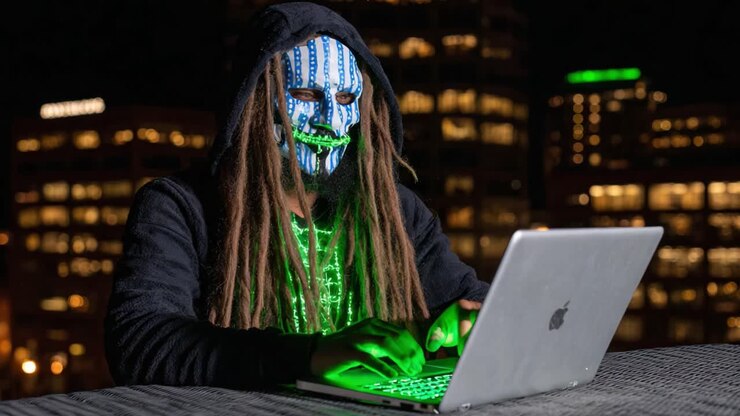 Una figura misteriosa con una giacca con cappuccio e una maschera rivelatrice è impegnata in un'intrigante attività digitale di notte in un ambiente urbano con luci fluorescenti
