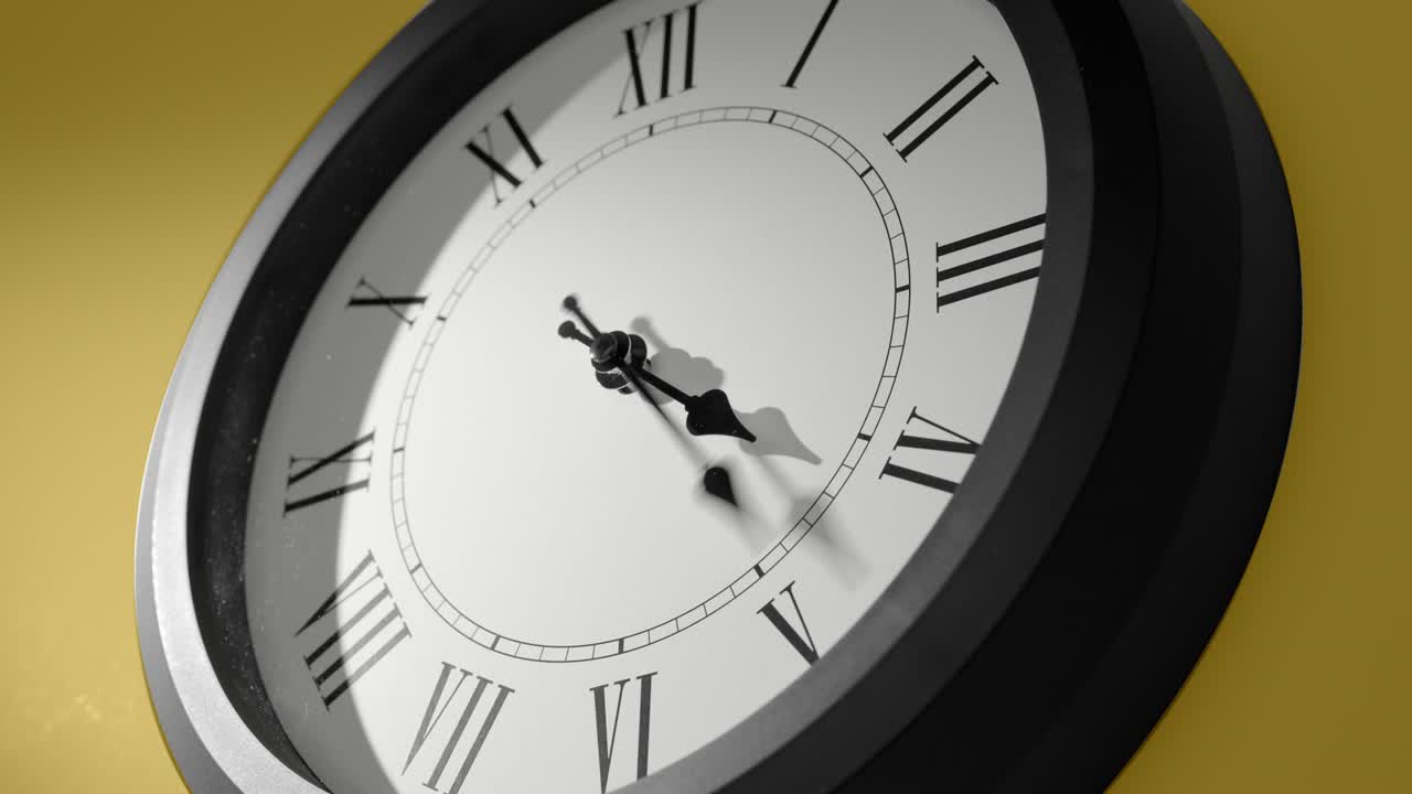 Latin Clock Face on Yellow Wall in Time Lapse