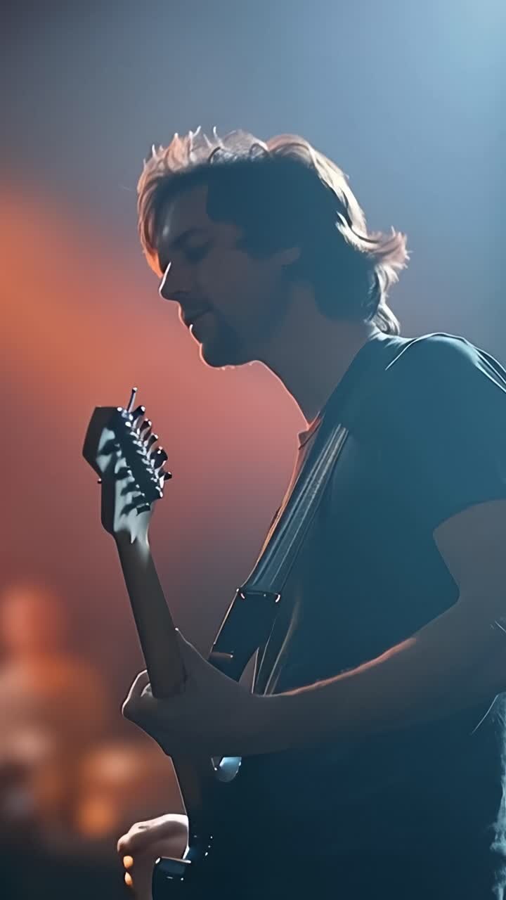Un musicista di talento incanta il pubblico con una performance di chitarra elettrica in un ambiente scenico dinamico, evidenziato da effetti di luce drammatici e silhouette.