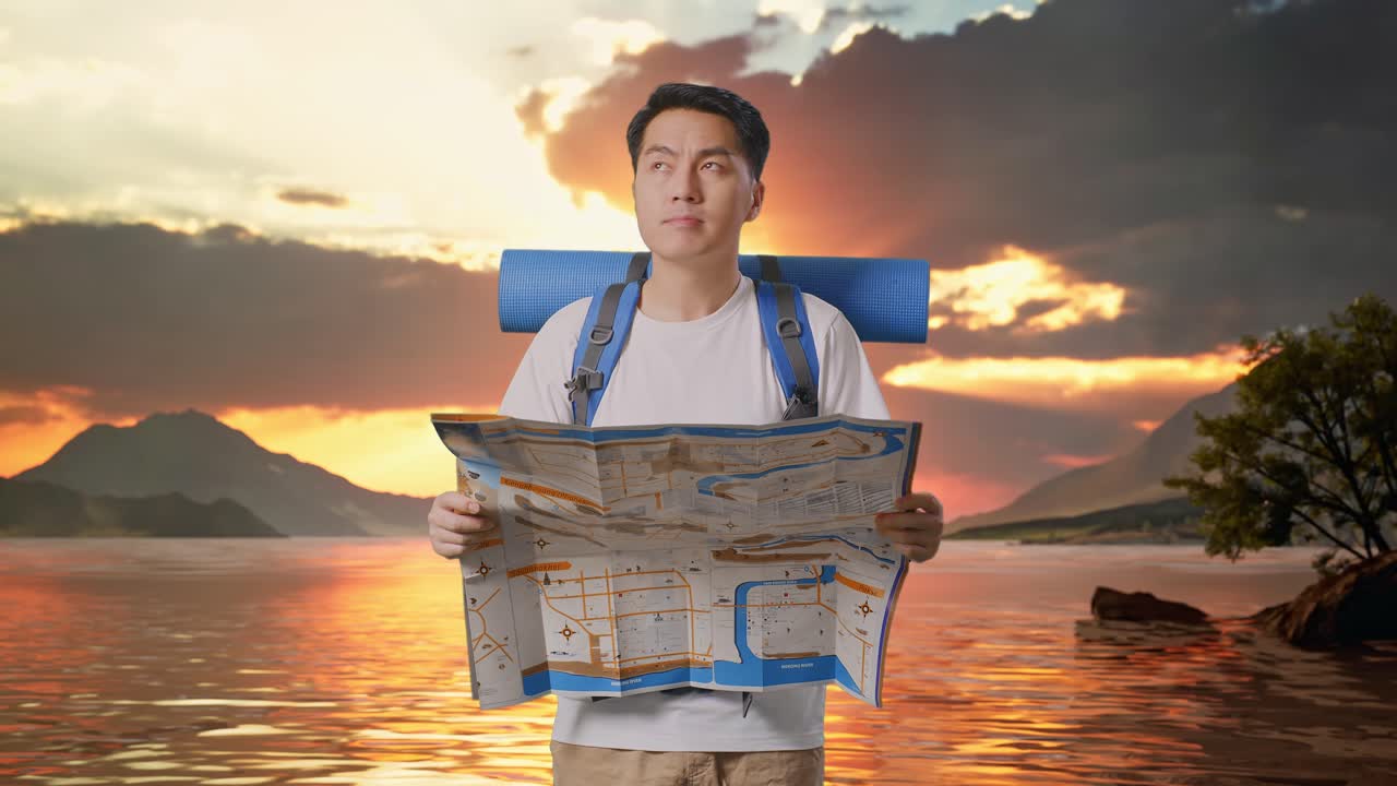 Asian Male Hiker With Mountaineering Backpack Looking At The Map Then Looking Around At A Lake