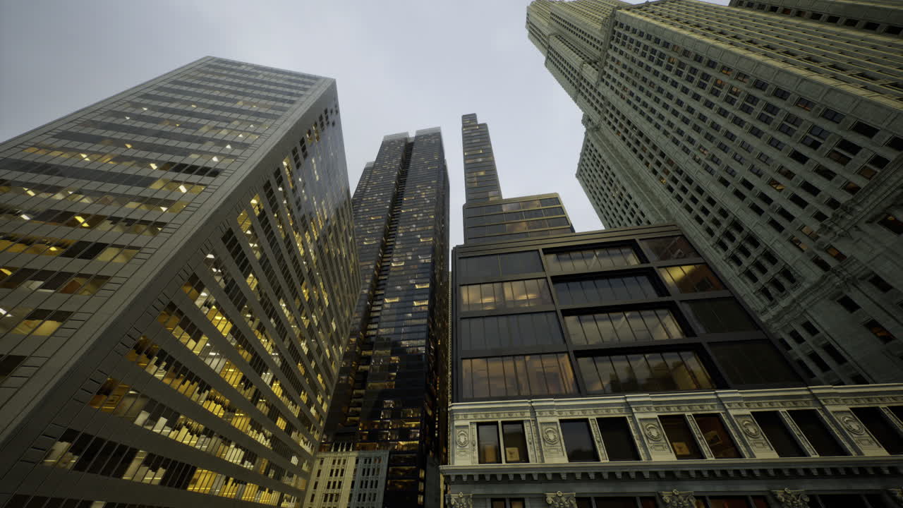 Skyscrapers rise majestically against the twilight sky in urban landscape