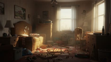 a sunlit mess: exploring the untidy charm of a sun-drenched room filled with toys, furniture, and everyday scenes of life's organized chaos