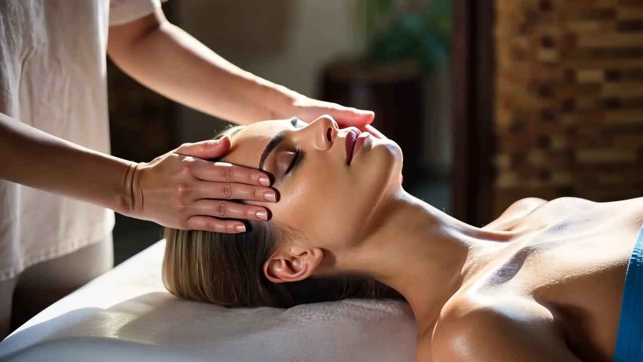 En rolig spa-videoscene, der viser en kvinde, der modtager hovedmassage.