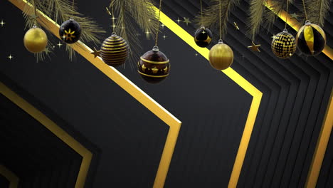 swinging black and gold christmas baubles over gold chevrons on black background