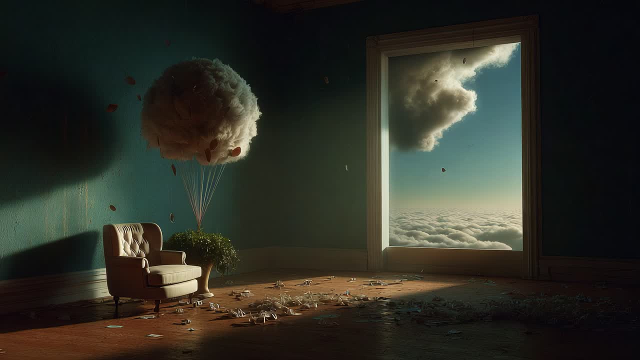 Surreal Dreamscape: A Cozy Chair Surrounded by Clouds and an Open Window to a Dreamy Sky in a Tranquil Room Where Imagination Meets Reality
