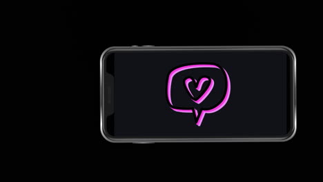 animación del icono del corazón en la pantalla del teléfono inteligente sobre la nieve que cae en el fondo