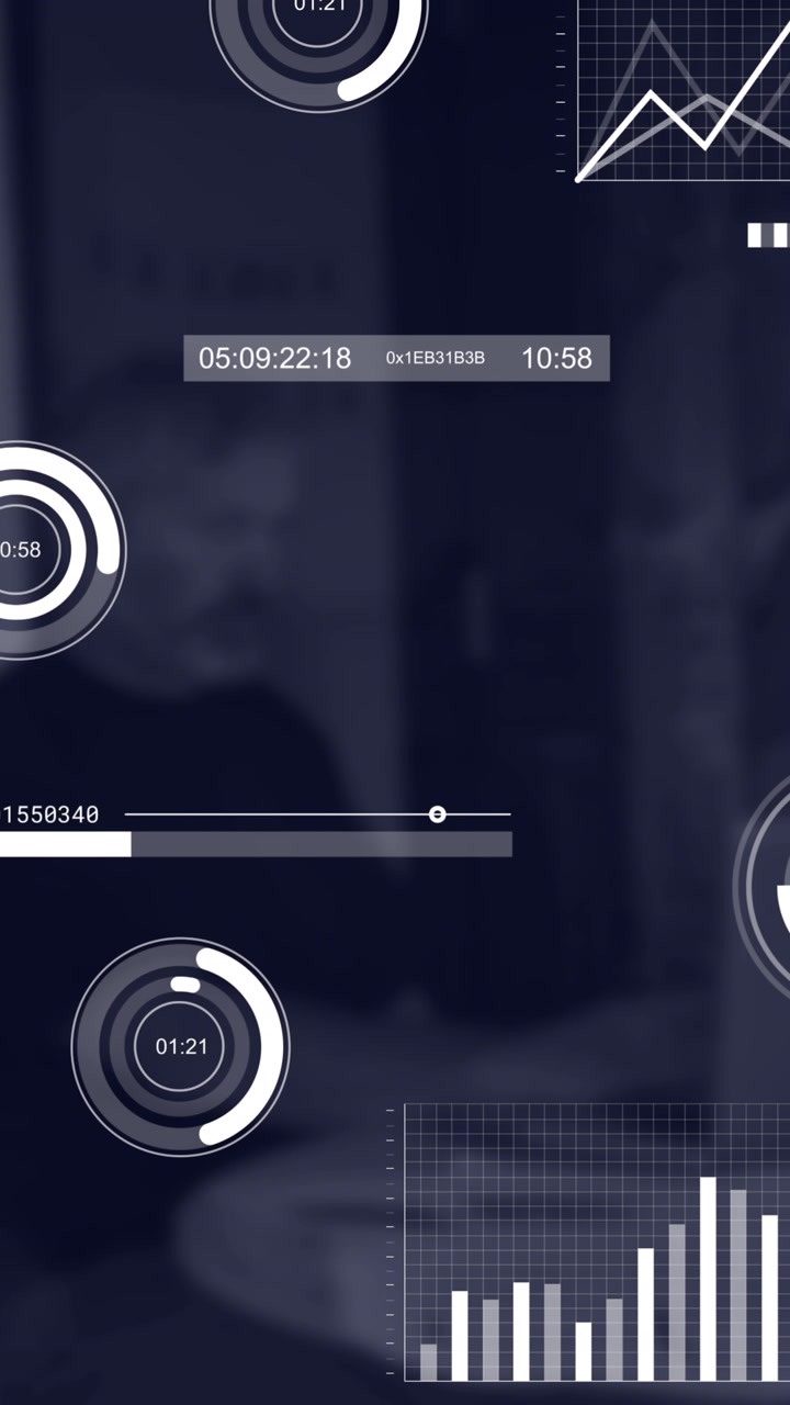 Animation of interface with statistical data processing against man using a laptop at office