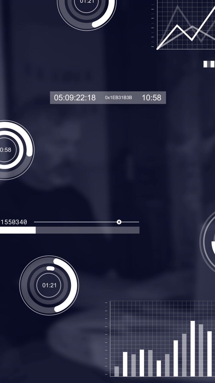 Animation of interface with statistical data processing against man using a laptop at office