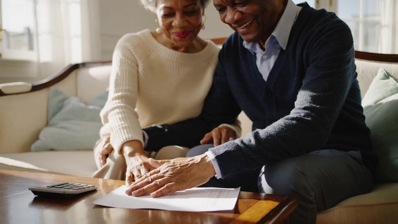Pointing couple leaning checking bills at home, smoothing paper with calculator in sweater