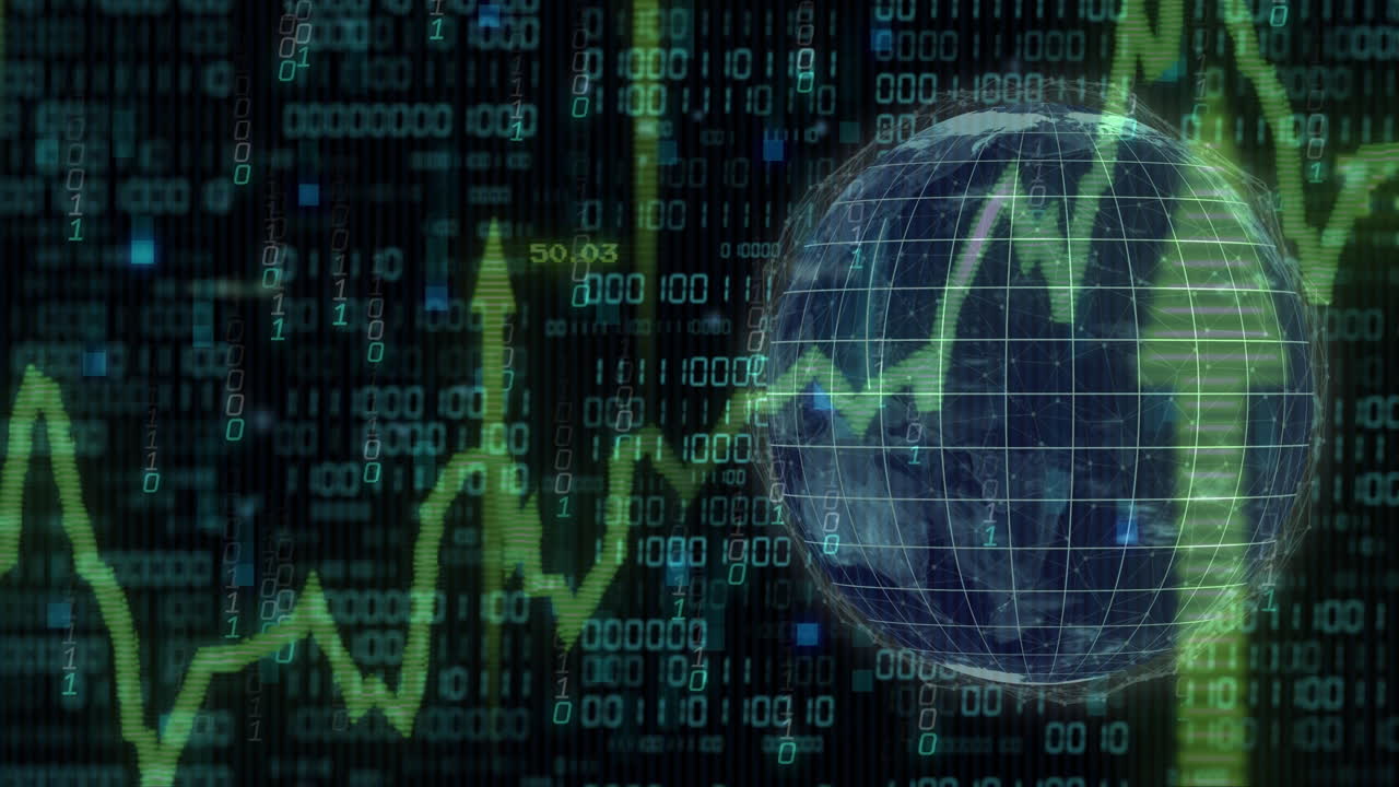 Financial data and binary coding animation over globe with stock market trends