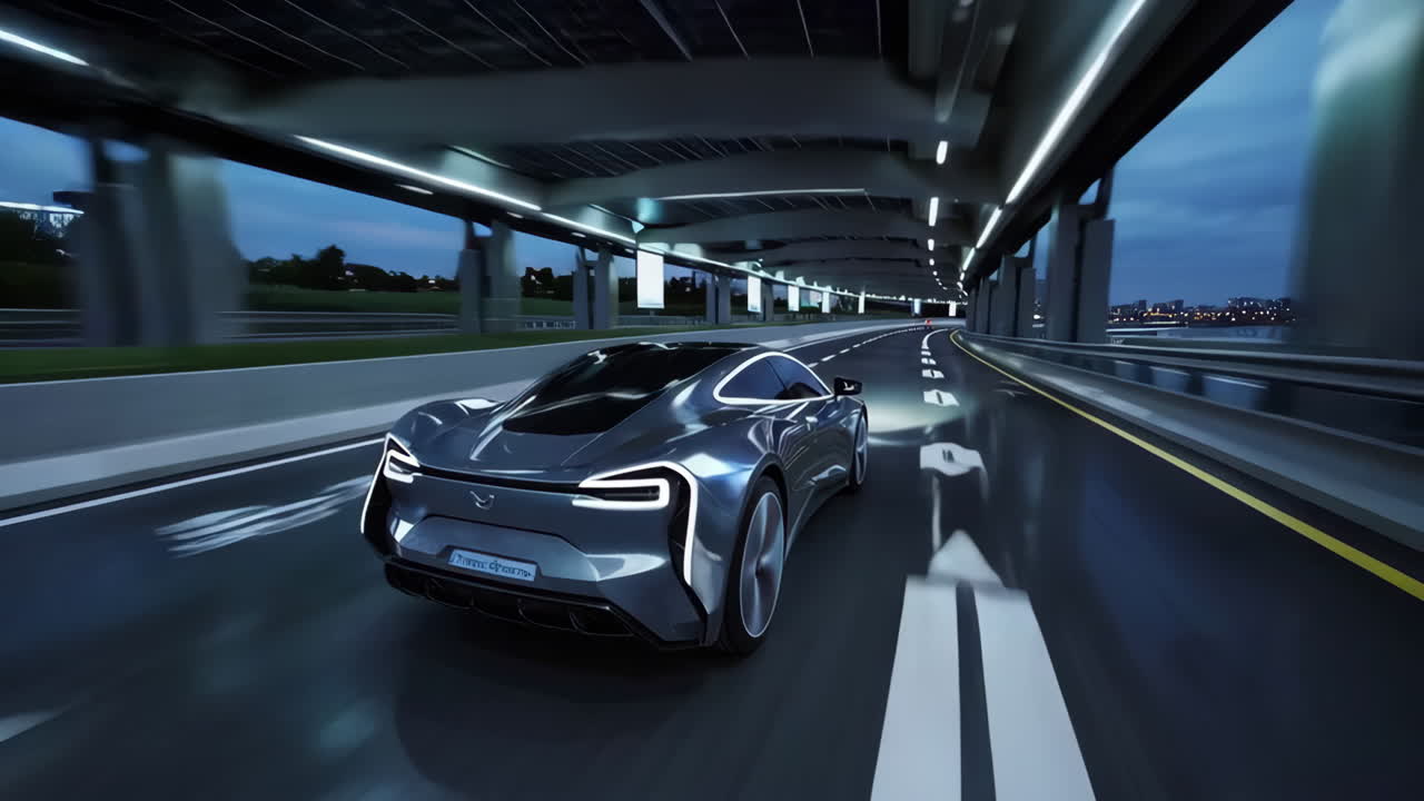 Futuristic Sports Car Driving Through a Night City Tunnel