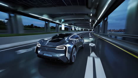 Futuristic Sports Car Driving Through a Night City Tunnel
