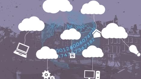 animación de nubes e iconos digitales en todo el mundo con números