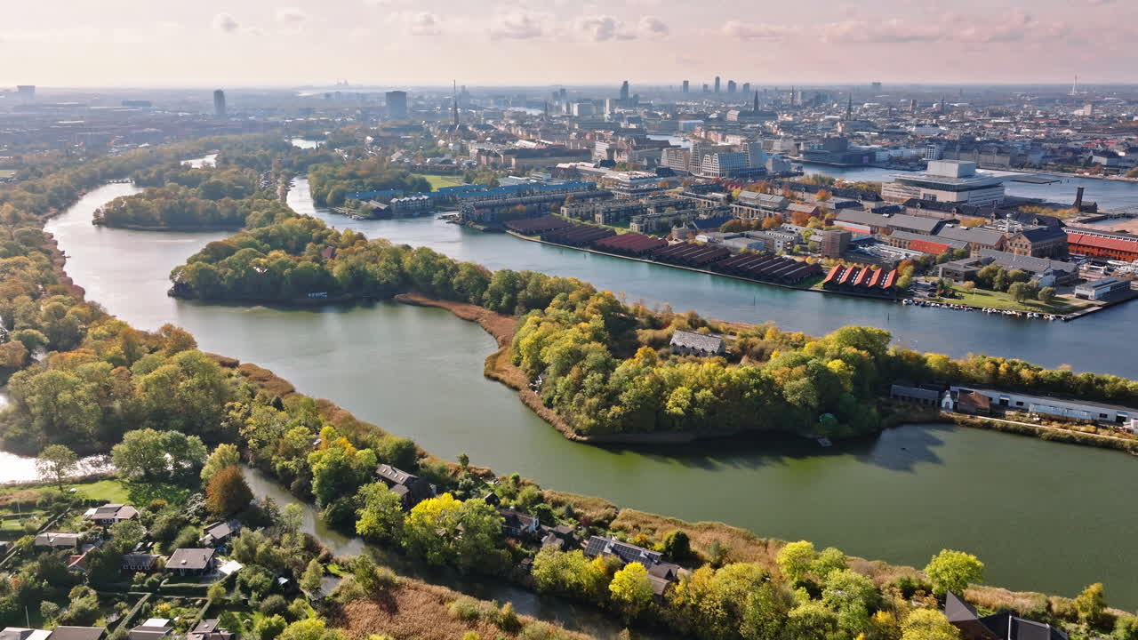 Aerial drone view of Christiania intentional community and commune in the Christianshavn neighbourhood of Copenhagen, Denmark