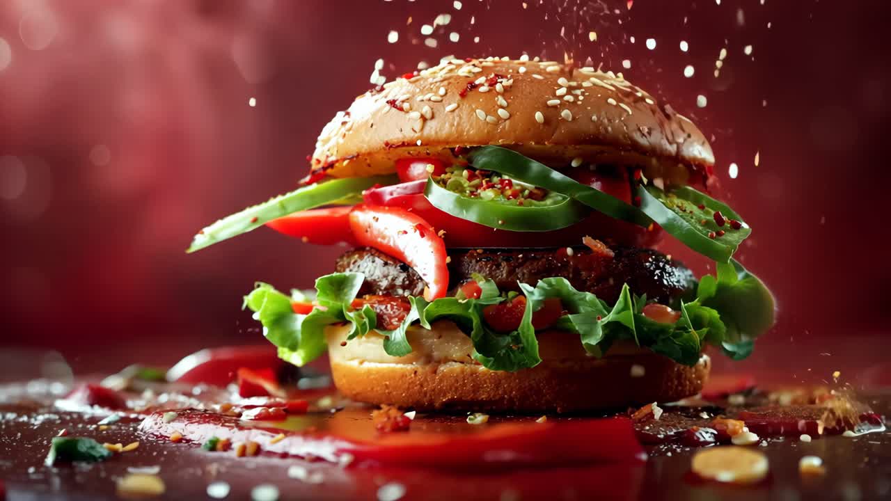 A burger with jalapenos and lettuce on it. The burger is on a red background