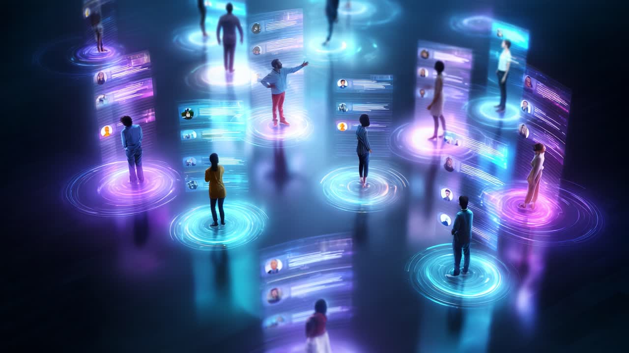 A Vibrant Assembly of Digital Connections: People Interacting Within a Virtual Sphere, Engaging Through Neon Displays of Communication and Social Media Dynamics in a Futuristic Environment