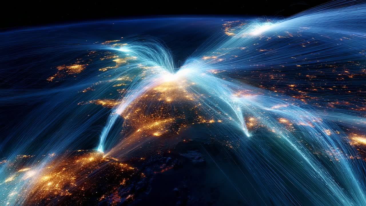 Mesmerizing Visuals of Global Connectivity: A Dynamic Representation of Interconnected Cities Through Glowing Light Trails Illustrating International Communication at Night