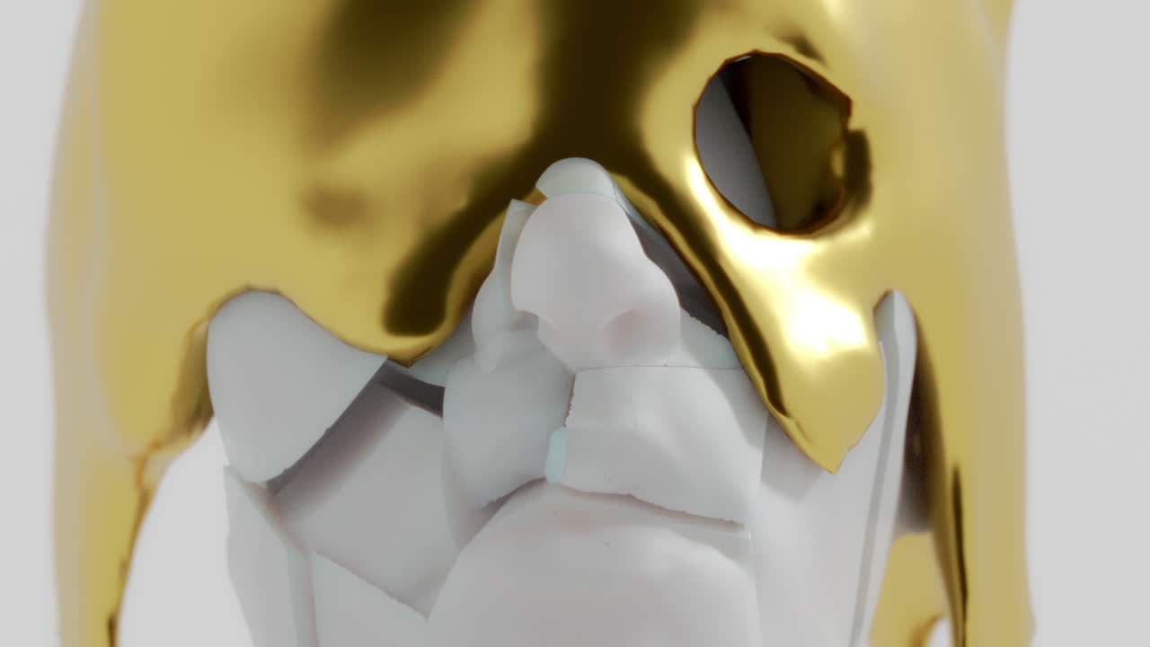 A gold liquid metal flows slowly on the sculpture