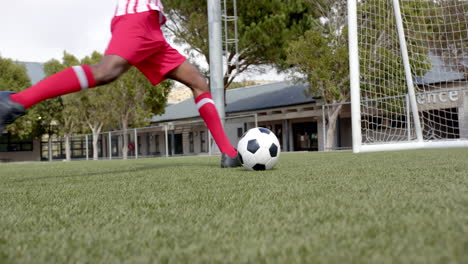 kicking soccer ball towards goal, african american male player practicing on field, copy space