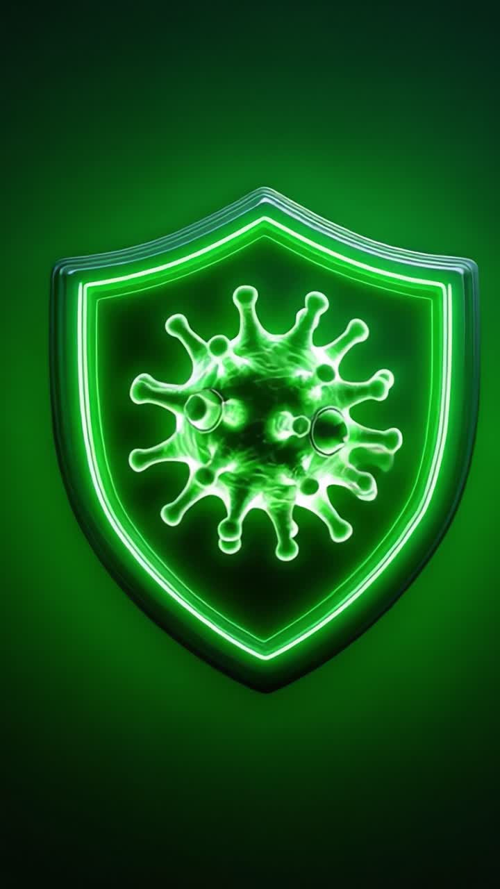 Una representación dinámica de un escudo protector combinado con una ilustración de virus verde vibrante, simbolizando mecanismos de defensa contra patógenos en un formato digital estilizado