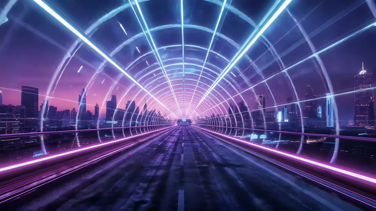 Entering neon-lit tunnel, camera gliding along metallic track over city skyline, with pulsing rings