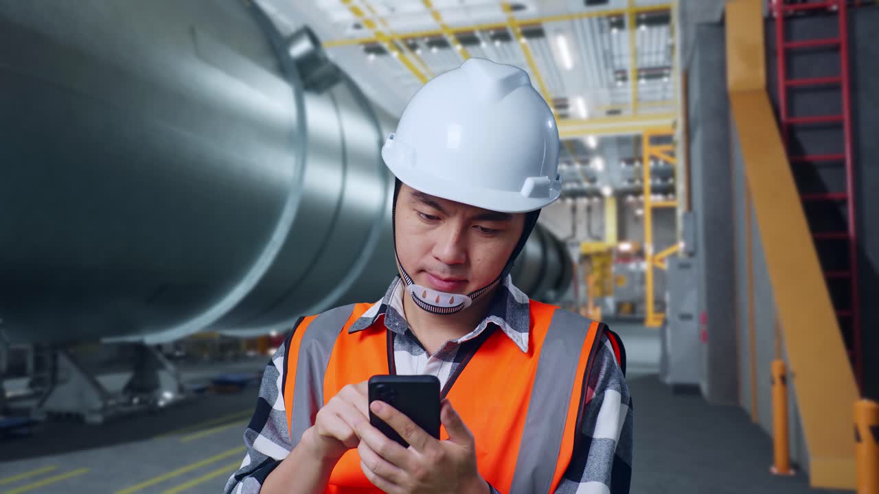 ingeniero usando un teléfono inteligente en una fábrica