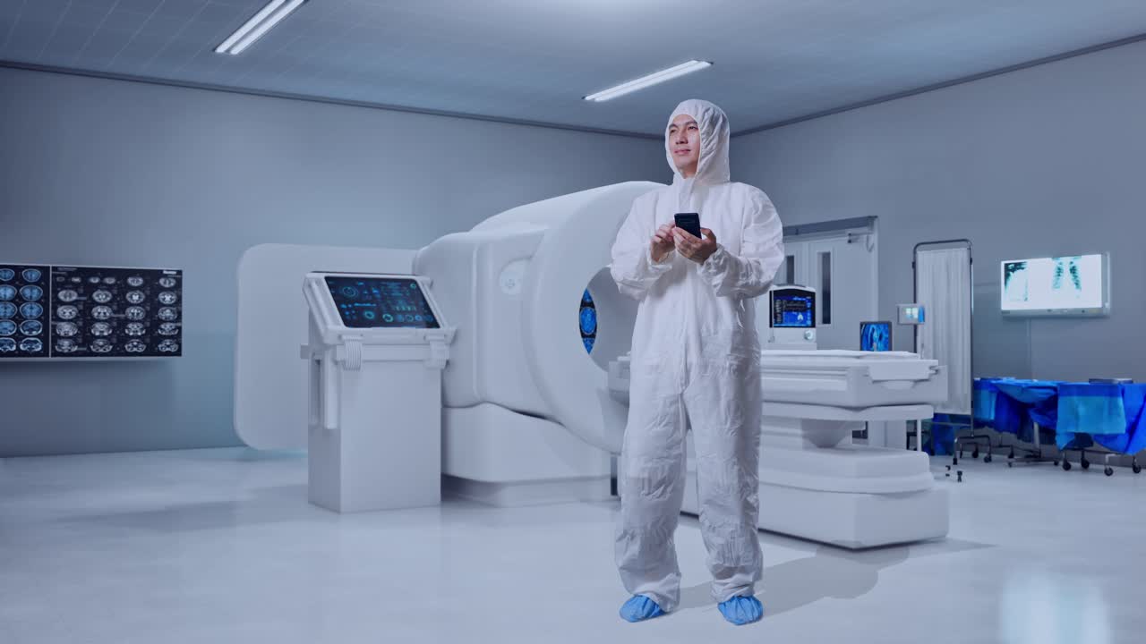 Full Body Of Asian Male Scientist Using Smartphone And Look Around While Standing With MRI Machine In The Hospital