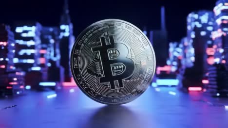 bitcoin in a futuristic cityscape