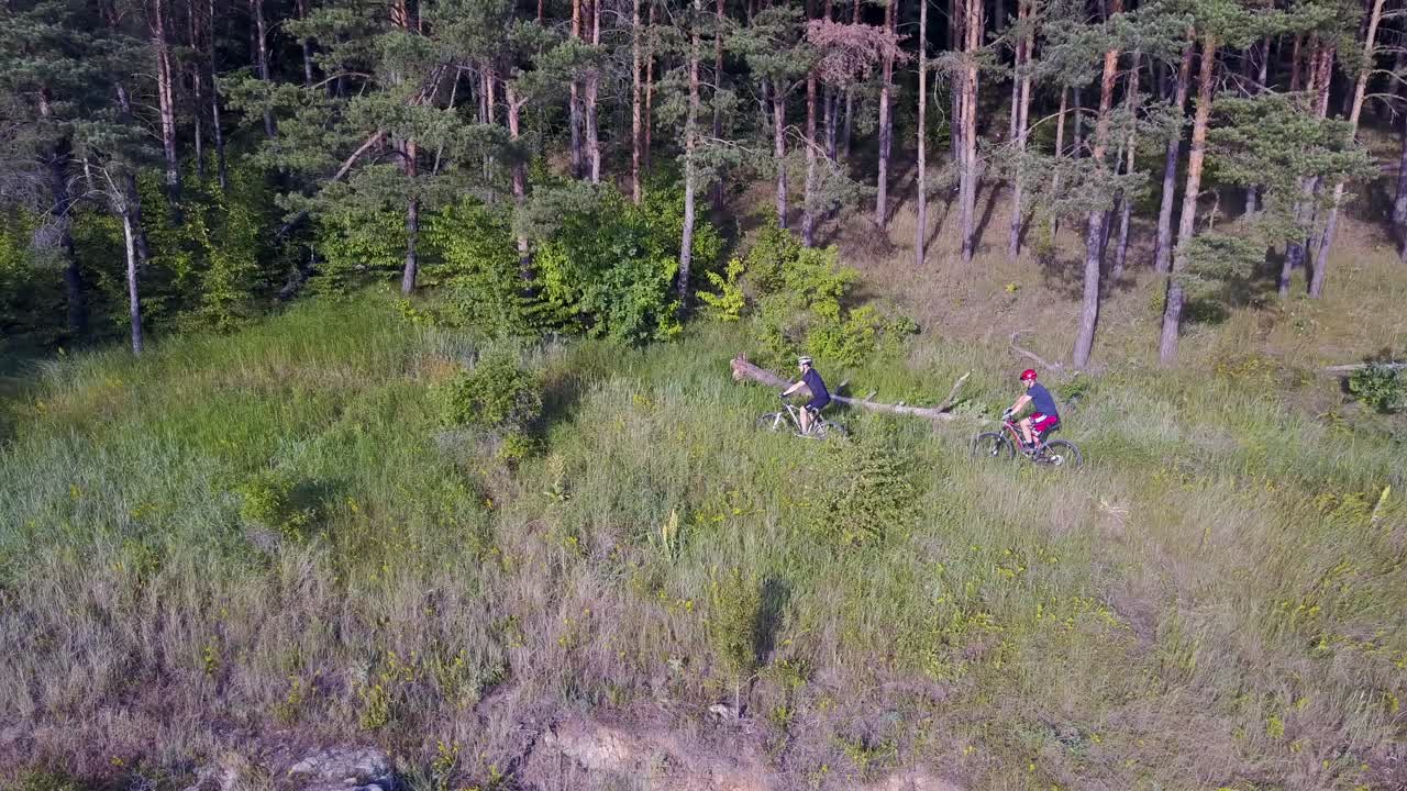 Men Riding Bicycle In Nature. Young male men in sportswear riding bicycle near forest