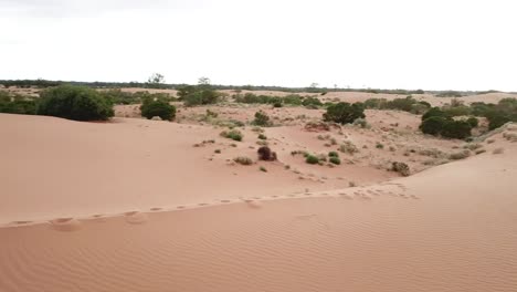 Naturaleza-Al-Aire-Libre-Drone-Aéreo-Parralax-Mujer-Caminando-Sobre-Colinas-De-Arena-Desierto