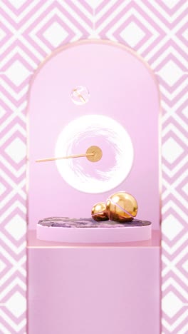 Dynamic lever hitting crystal ball on pink. ASMR 3d Vertical animation looped