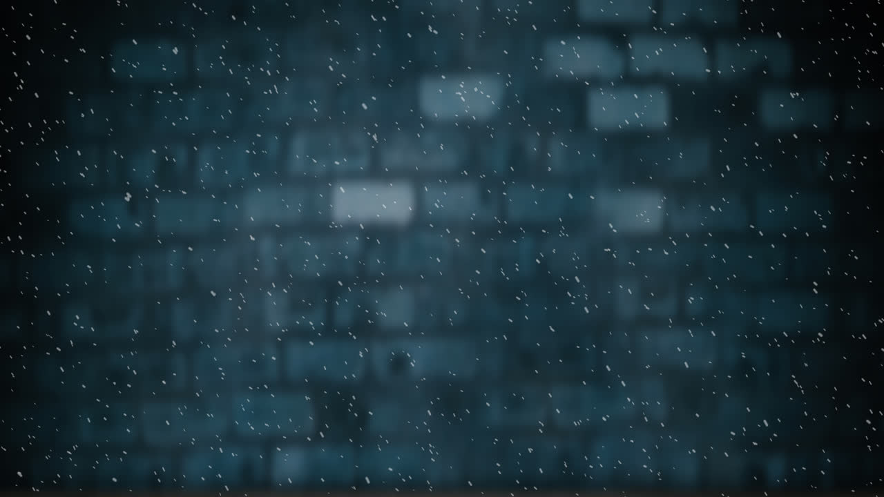 Animation of winter scenery snow falling against blue brick wall
