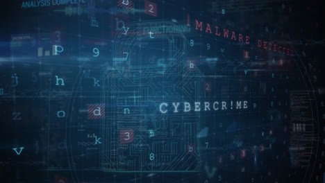 animación del procesamiento de datos de seguridad cibernética y el icono de candado de seguridad contra un fondo azul