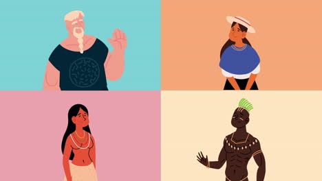 four differents ethnicities characters animation