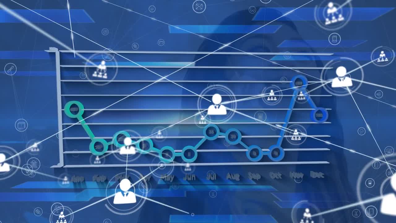 animación de la red de iconos de personas que intercambian datos sobre gráfico en fondo azul