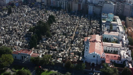 aerial - recoleta cemetery, buenos aires, argentina, wide spinning shot