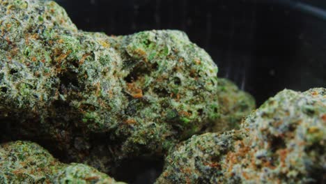 macro green dried marijuana buds close up concept shot, pile of dried marijuana plants, orange trichomes strains, in small black shiny bawl, on a rotating stand, studio lights, slow motion, 4k video