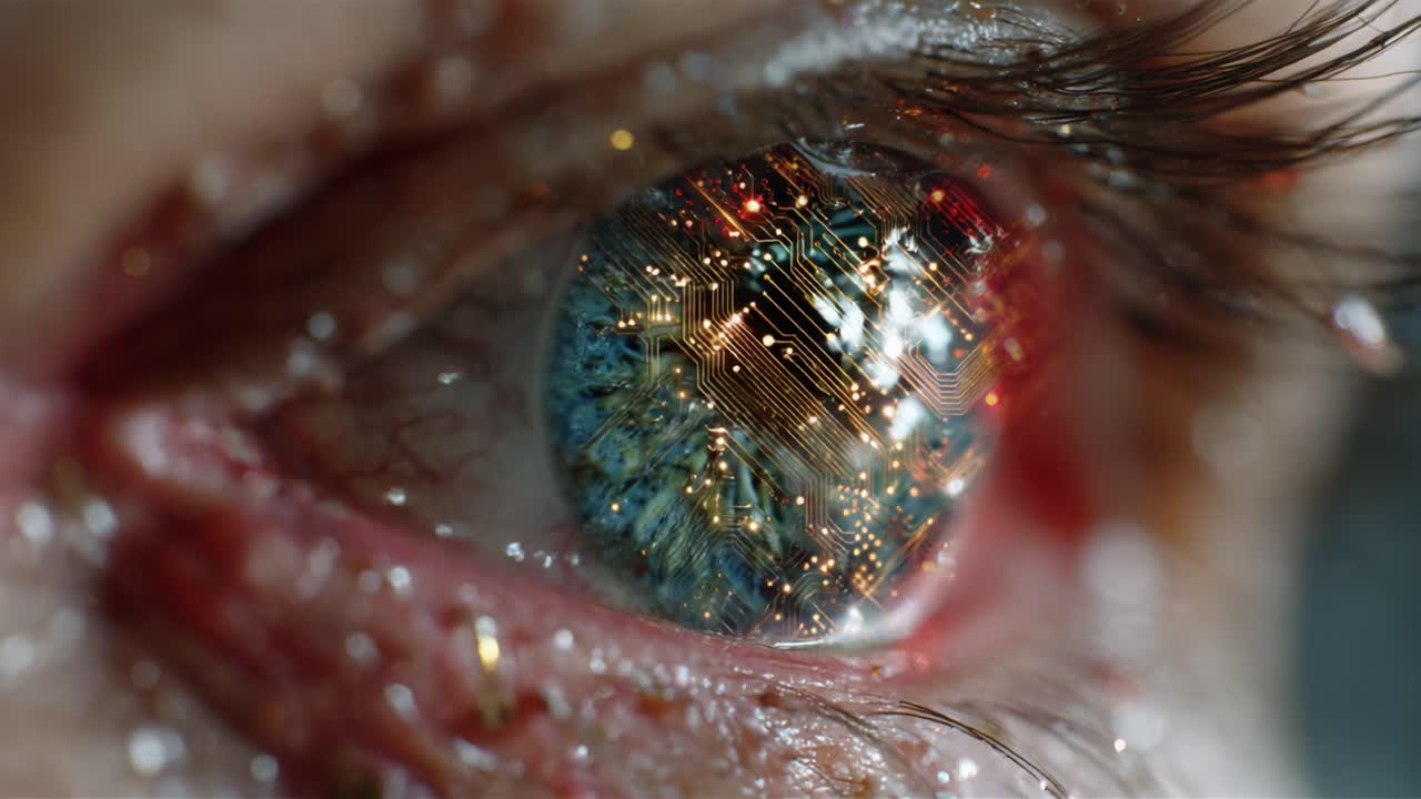 A Fascinating Fusion of Technology and Biology: A Close-Up View of an Eye Showcasing Intricate Circuitry Reflected in the Iris, Merging the Natural with the Artificial