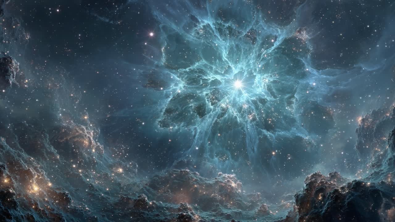 Una sorprendente manifestazione cosmica nell'Universo mostra una nebulosa splendidamente illuminata circondata da stelle scintillanti e vorticose nubi cosmiche.
