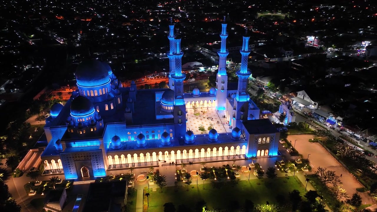 Beautiful aerial view of Great Mosque in Surakarta, Indonesia illuminated during night.