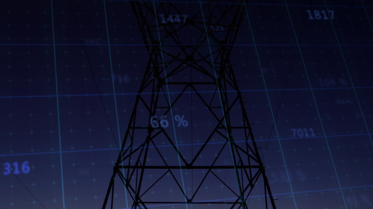 일몰 하늘에 대한 네트워크 타워를 통해 통계 데이터 처리의 애니메이션