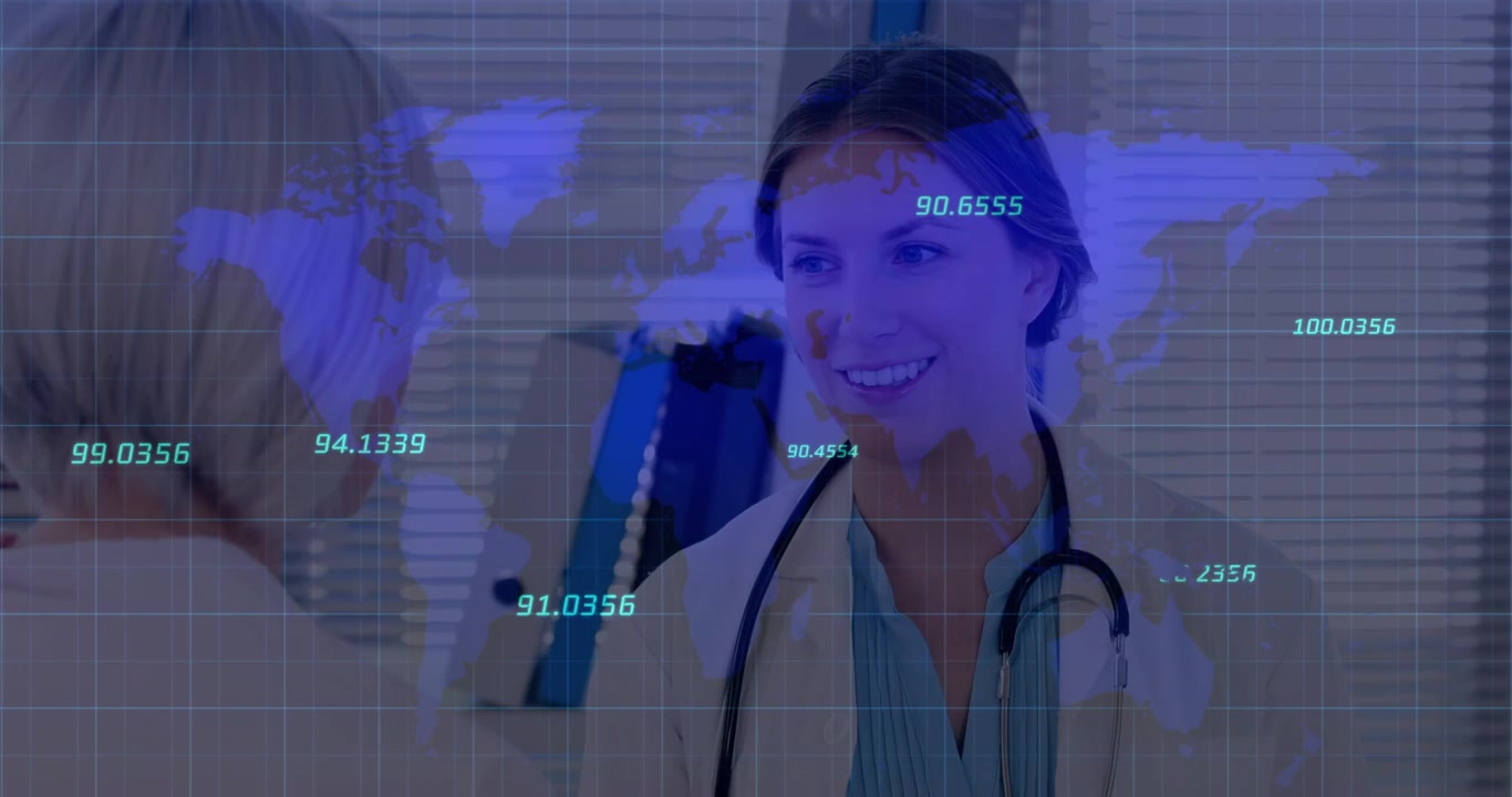 Animación de un mapa mundial y números sobre una feliz doctora caucásica hablando con un paciente