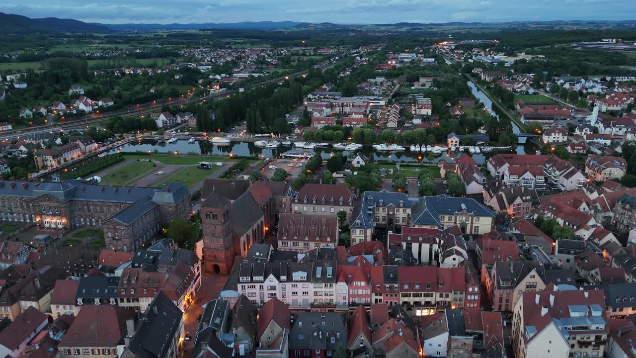 Saverne France reverse drone,aerial dusk 4K footage