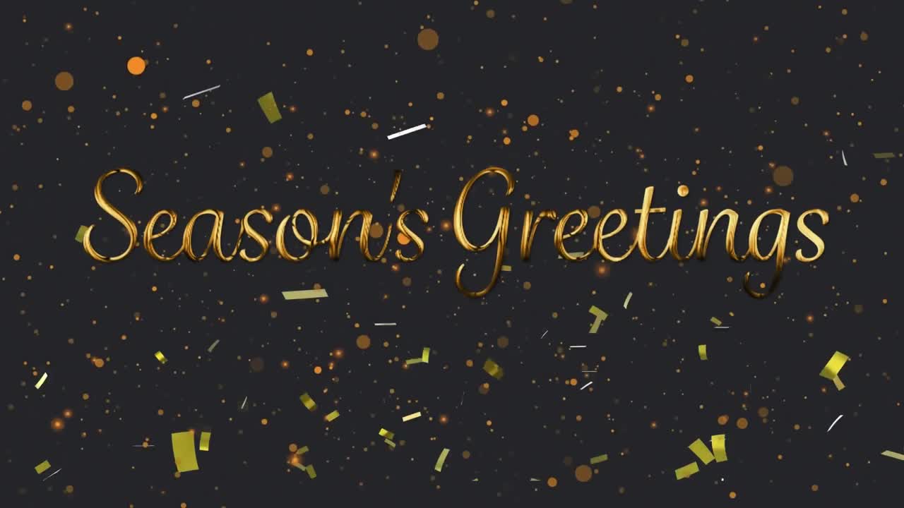 Animation of season's greetings text in gold, with orange balls and falling gold confetti, on black