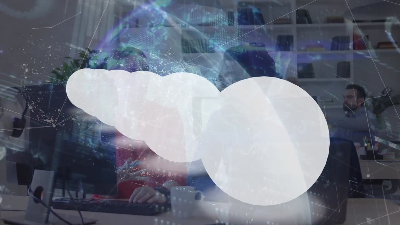 데이터 처리의 애니메이션과 사무실에서 다양한 비즈니스 사람들을 둘러싼 서클.