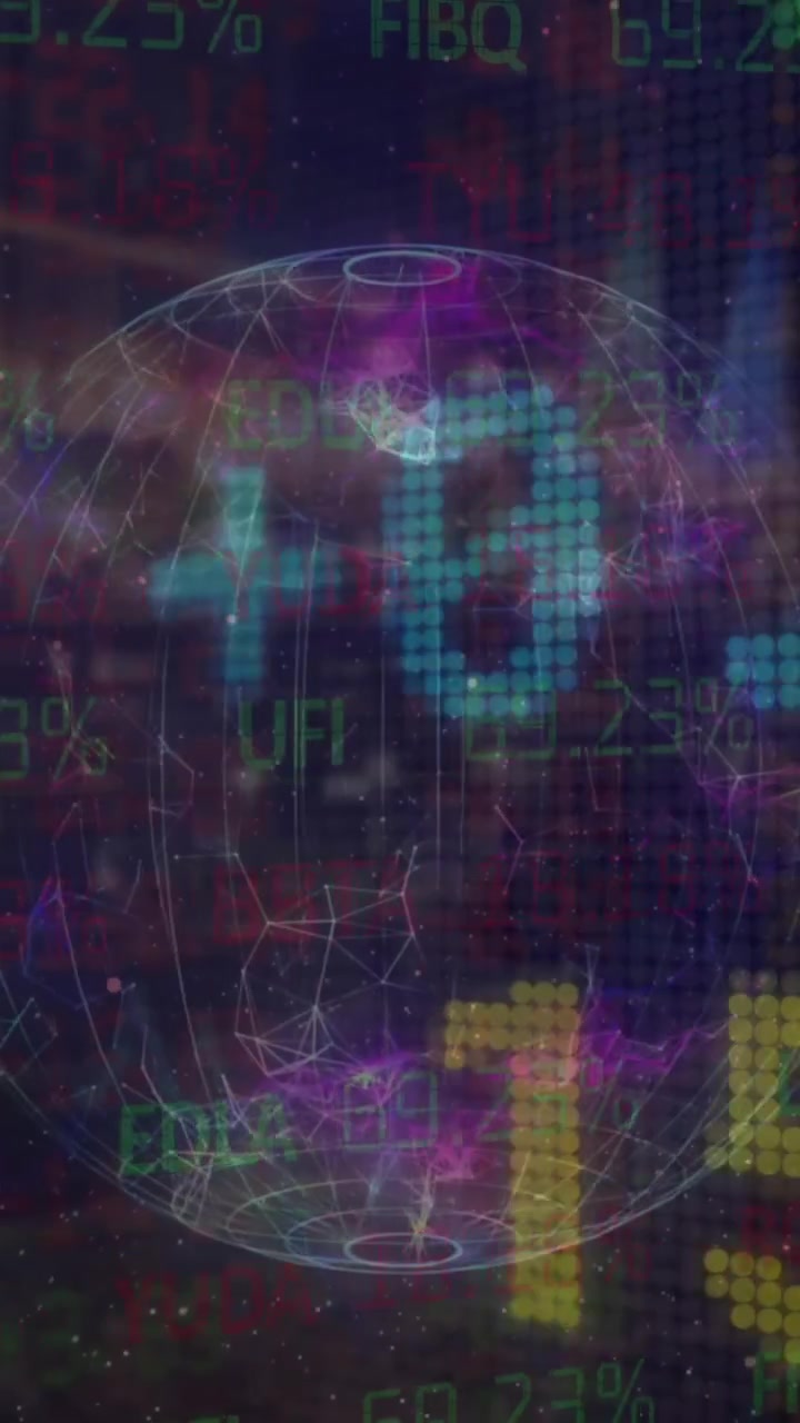 Animation of financial data processing with globe over cityscape