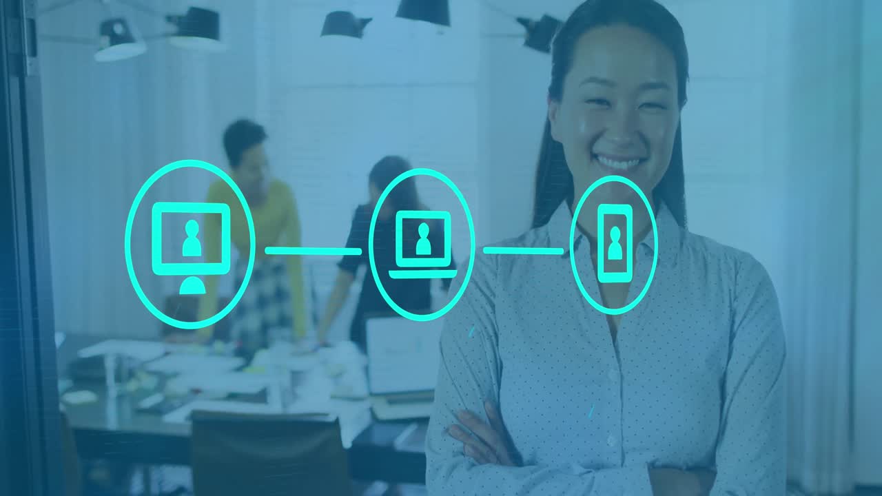 사무실에서 이야기하는 다양한 사업가들에 대한 데이터 처리 애니메이션