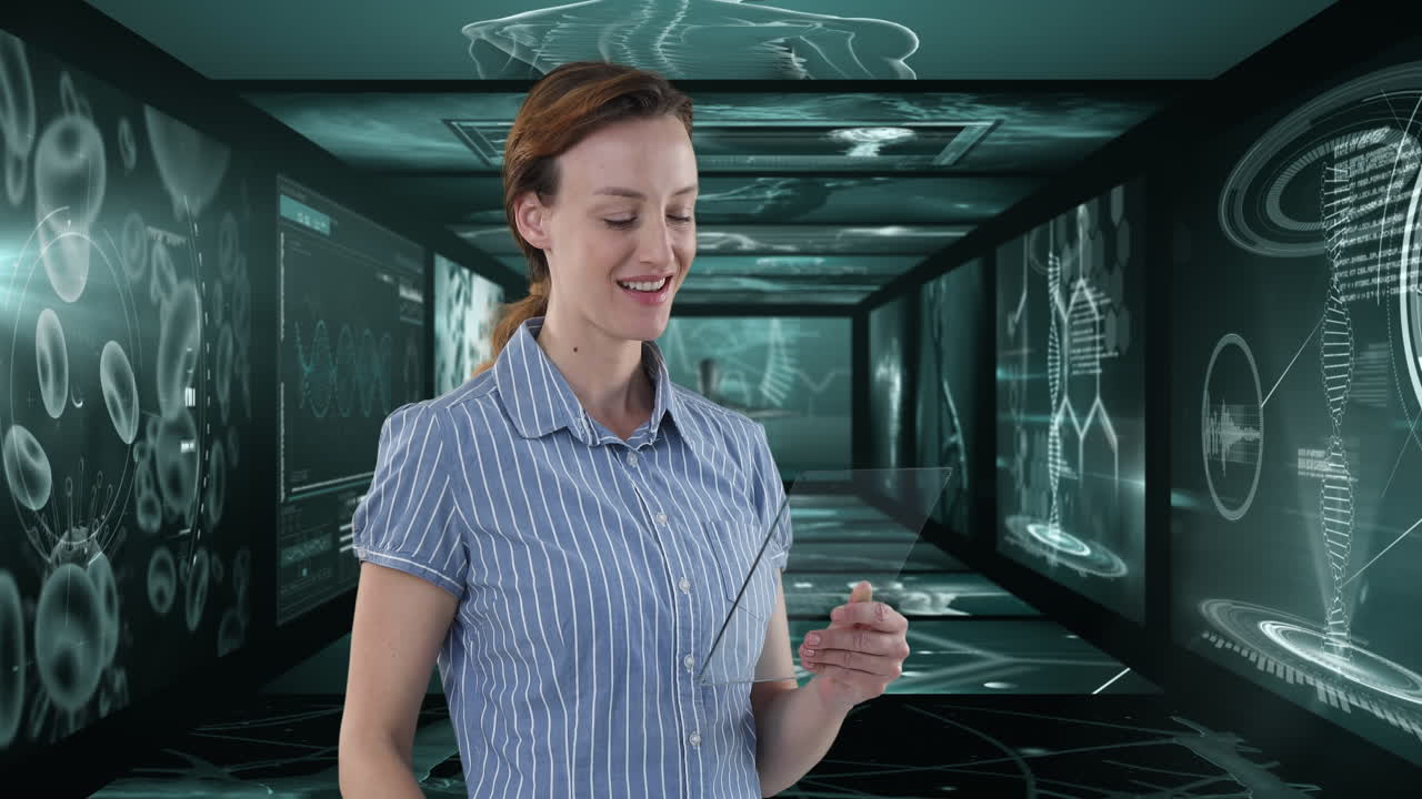 animación de una mujer de negocios que usa una tableta sobre pantallas con procesamiento de datos médicos