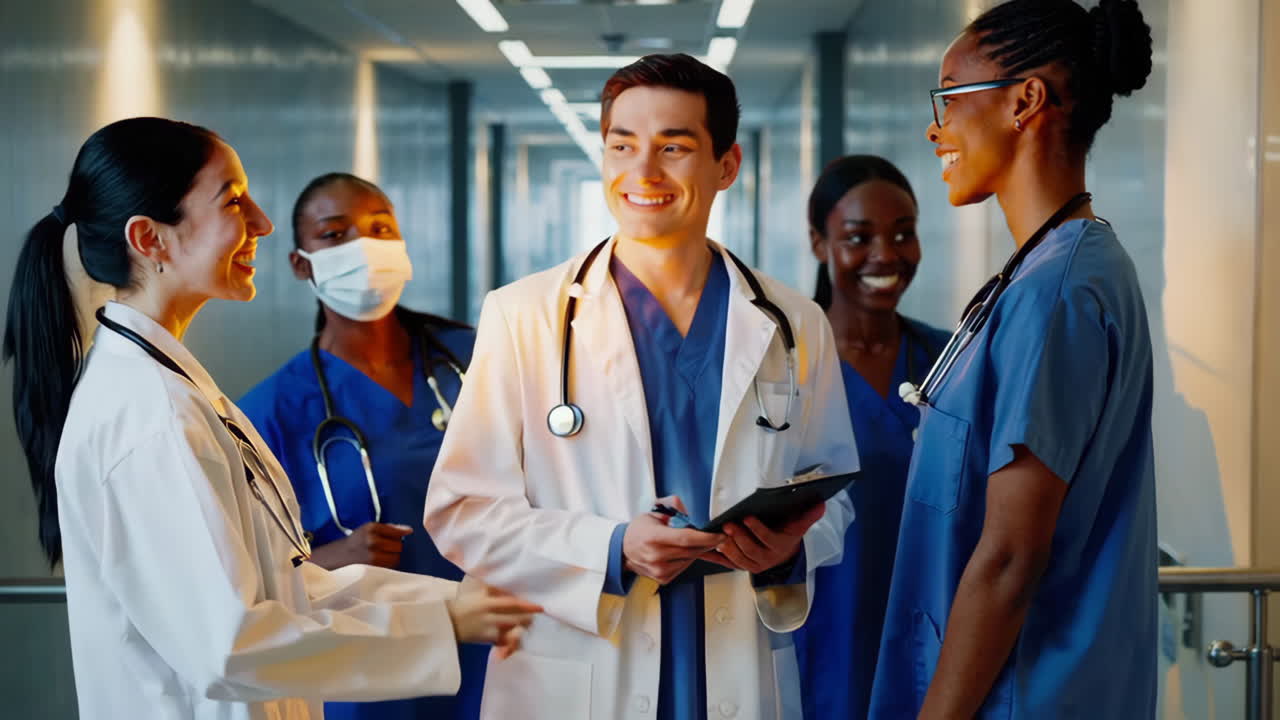 Diverse Medical Team in Hospital Corridor