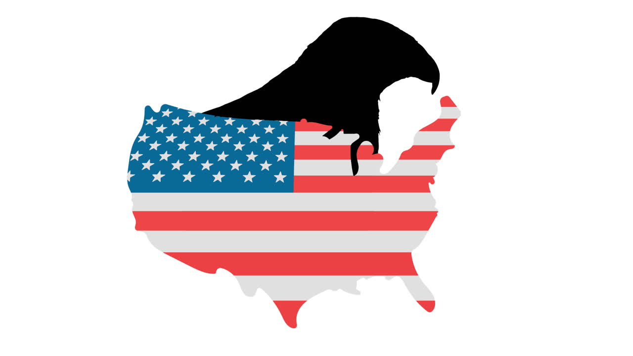 Animation af kort over USA med amerikansk flag med ørn på hvid baggrund